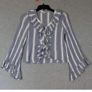 American Eagle Blue & White‎ Striped Ruffle Lace Up Bell Sleeve Top Size Small